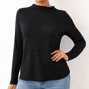 Womens XXL Studded Top Mock Neck Black Long Sleeve Stretch Knit Minimalist Chic